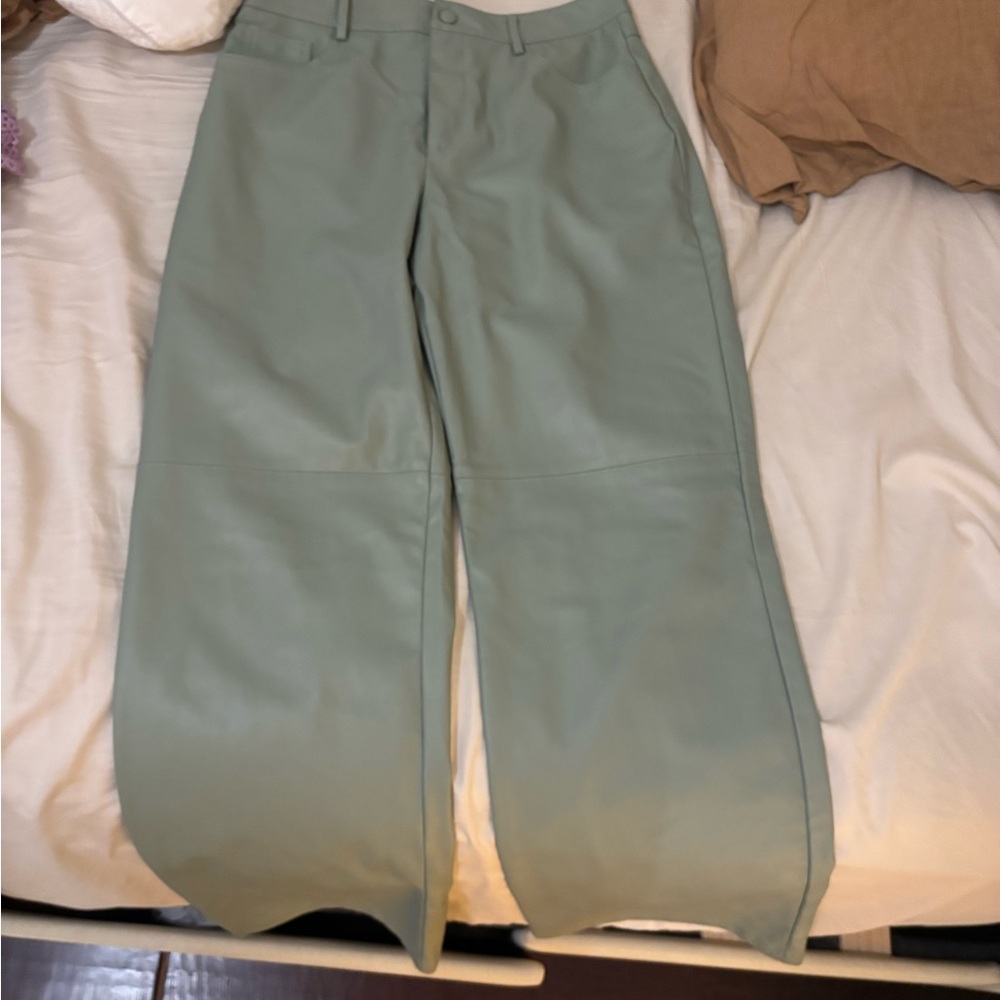 Zara Wide-Leg Light Green Leather Pants